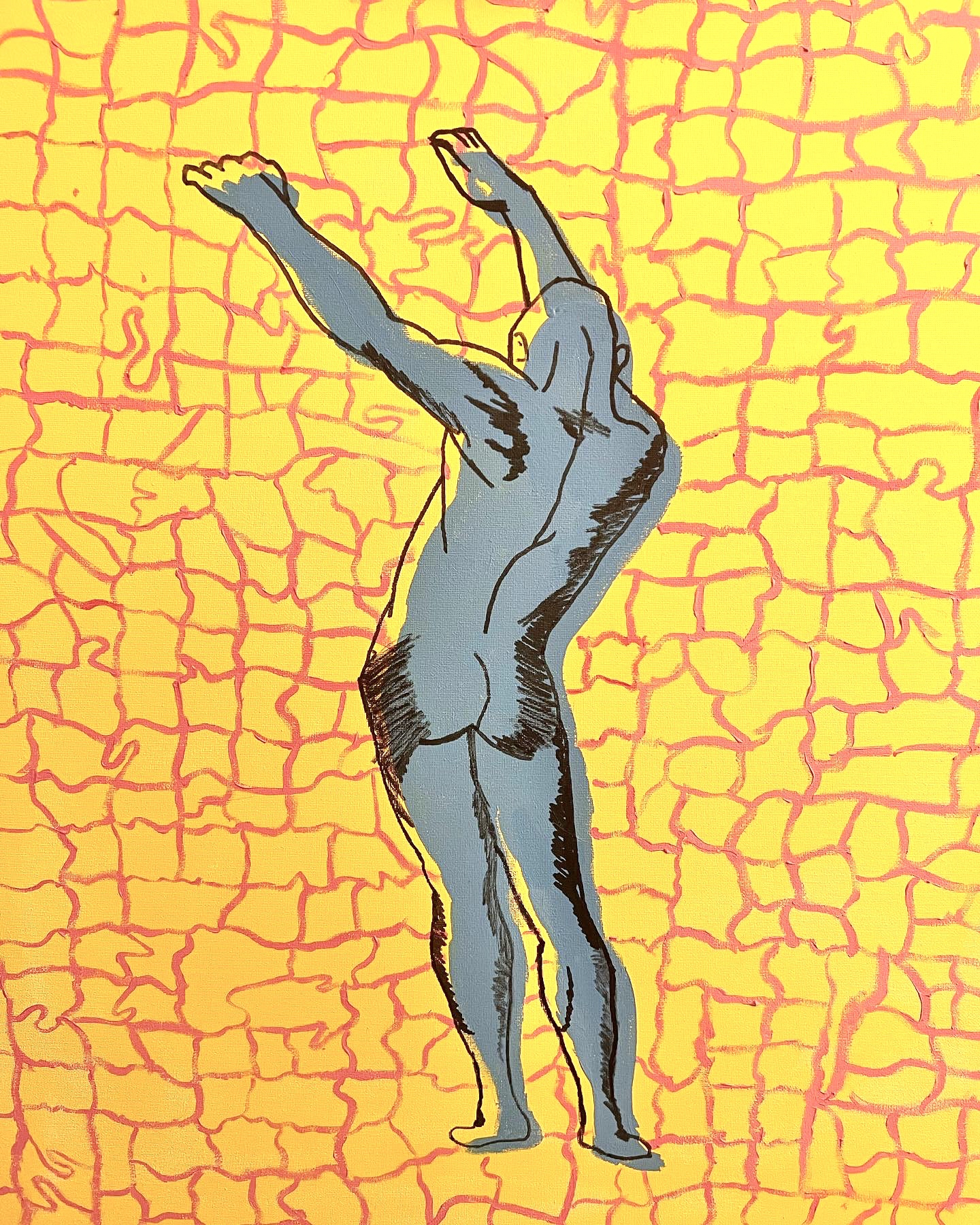 A painting depicting a blue figure with arms stretched overhead against a warped grid background